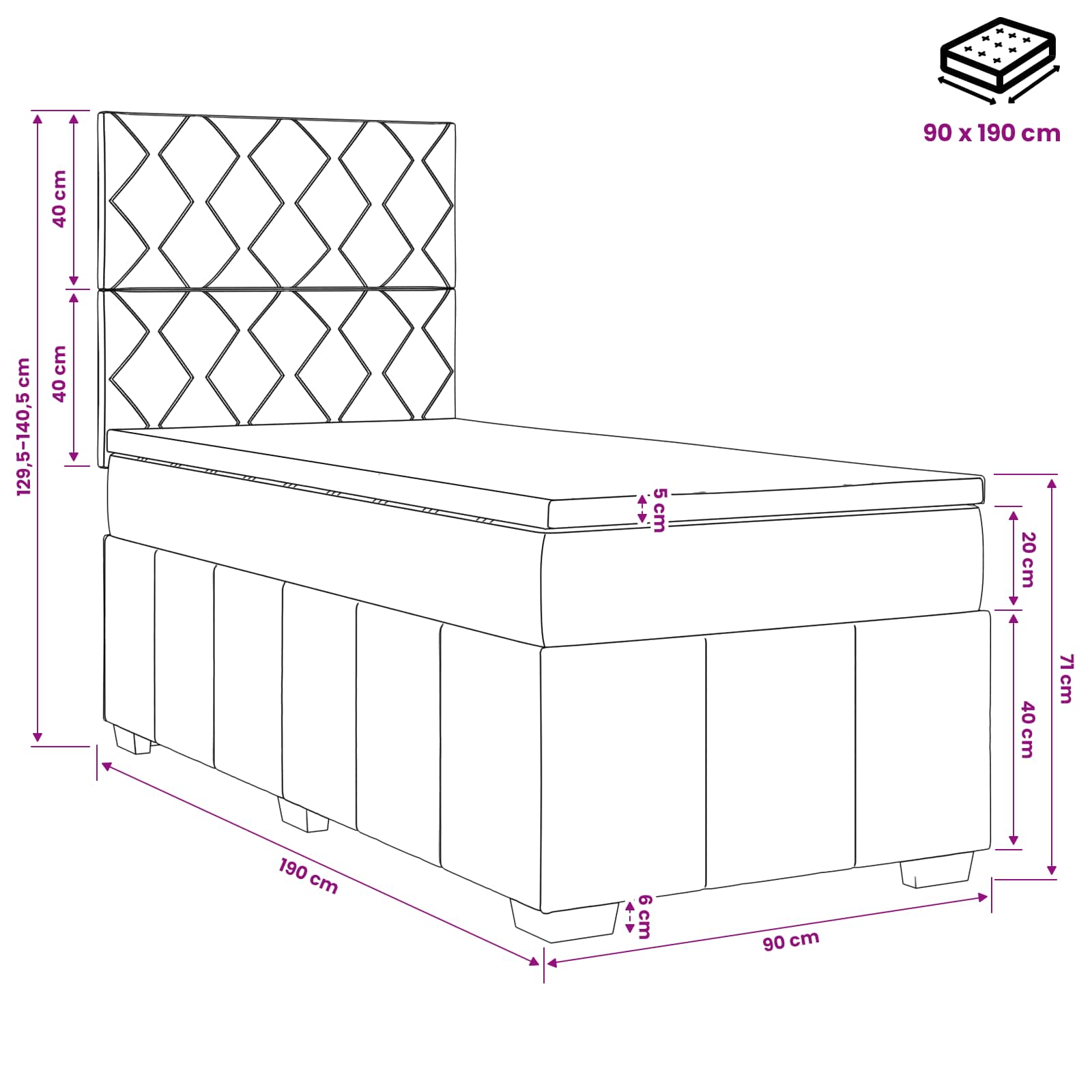Lit boxspring avec matelas Noir 90 x 190 cm Tissu