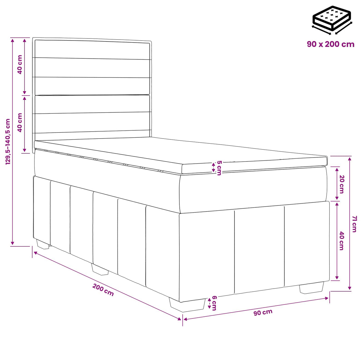 Lit boxspring avec matelas Marron foncé 90 x 200 cm Tissu