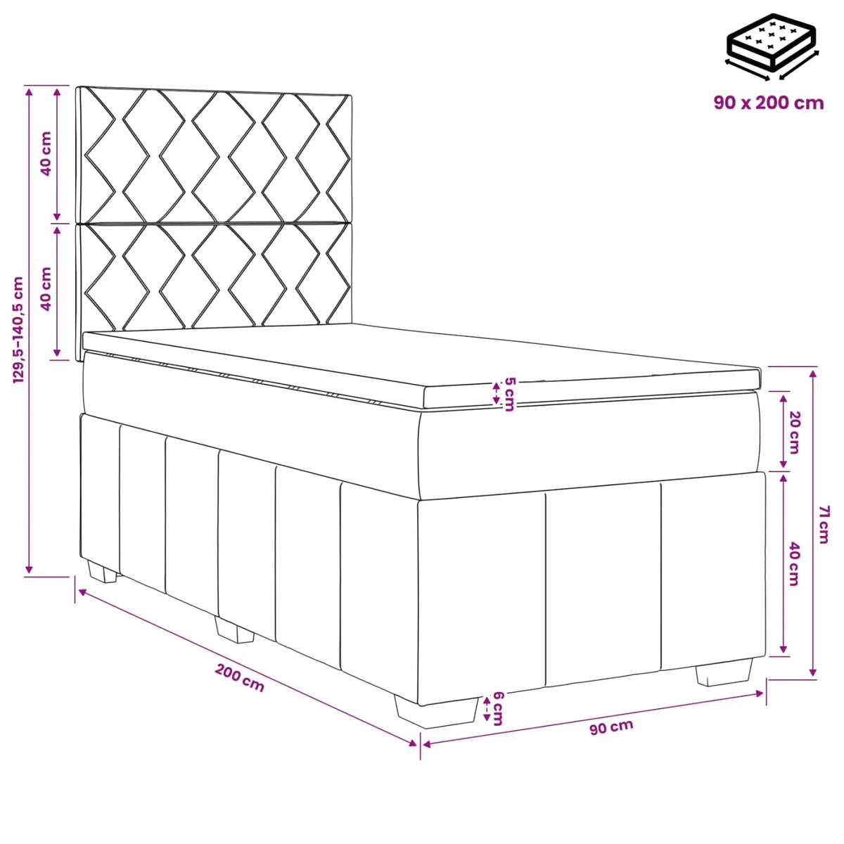 Lit boxspring avec matelas Gris foncé 90 x 200 cm Tissu - XIOS