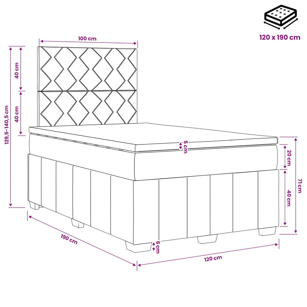 Lit boxspring avec matelas Crème 120 x 190 cm Tissu