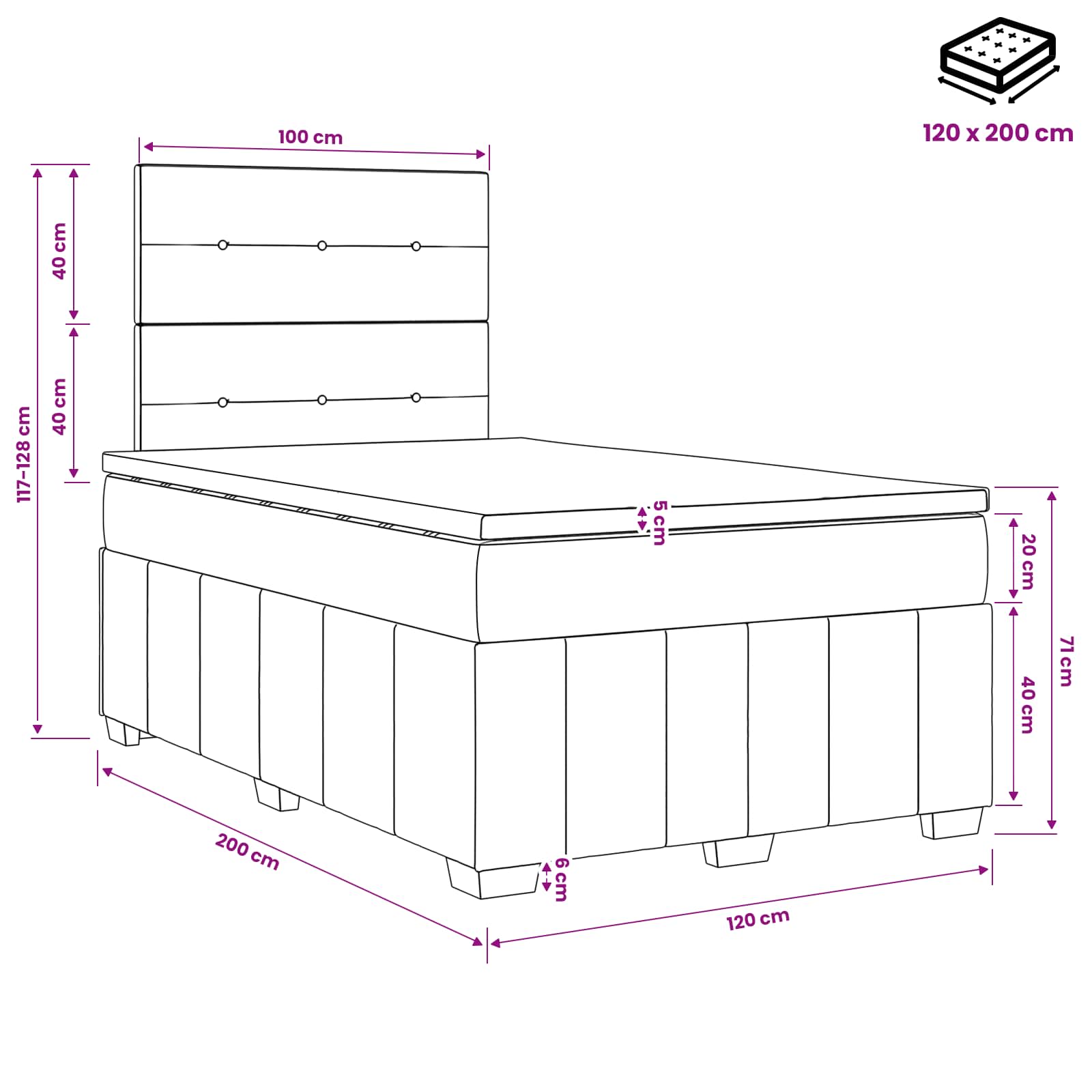 Lit boxspring avec matelas Noir 120 x 200 cm Tissu - XIOS