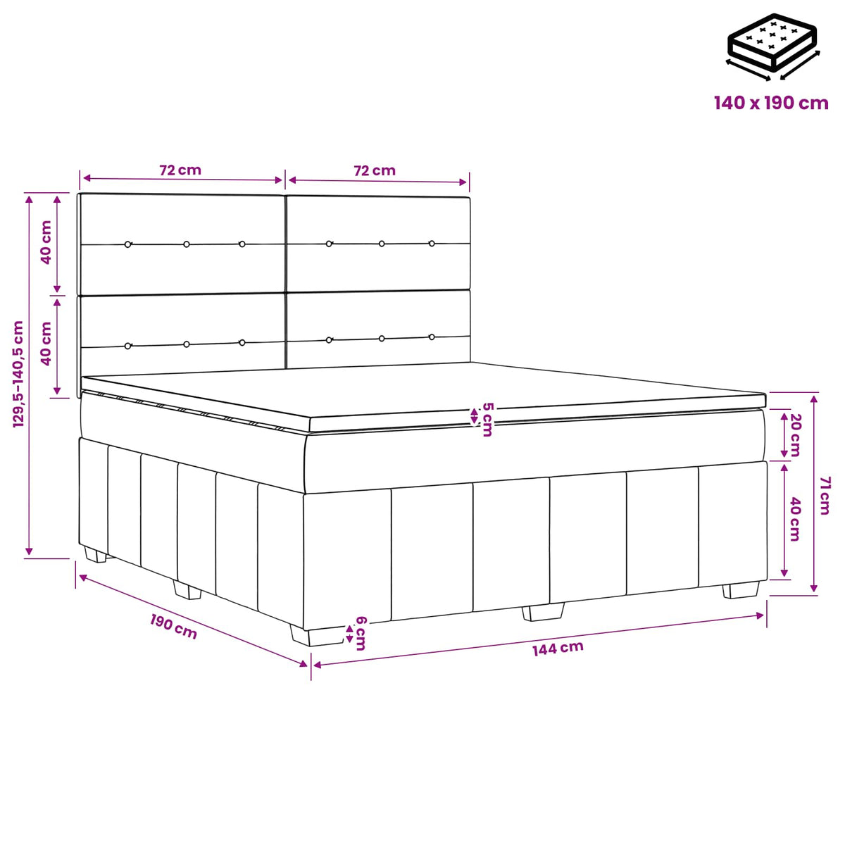 Lit boxspring avec matelas Gris clair 140 x 190 cm Tissu