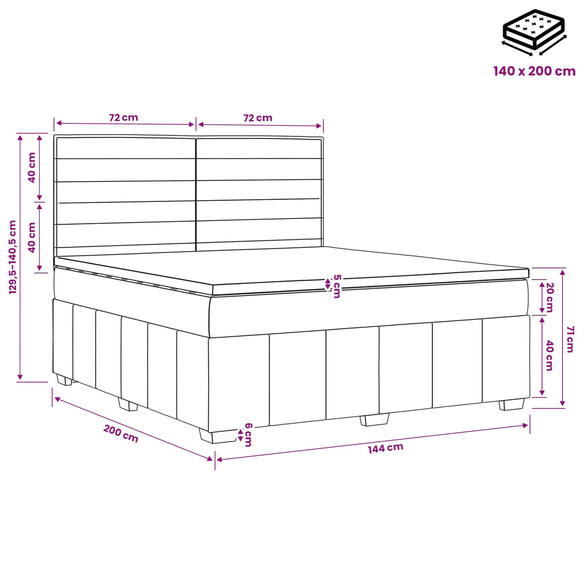 Lit boxspring avec matelas Noir 140 x 200 cm Tissu