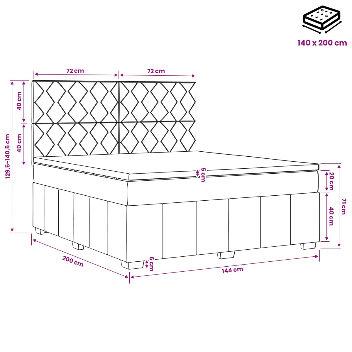 Lit boxspring avec matelas Noir 140 x 200 cm Tissu