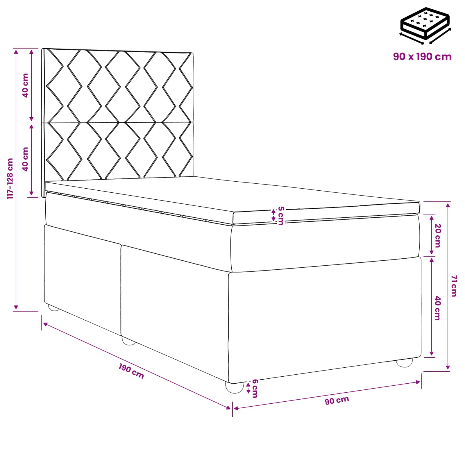 Lit boxspring avec matelas Marron foncé 90 x 190 cm Tissu