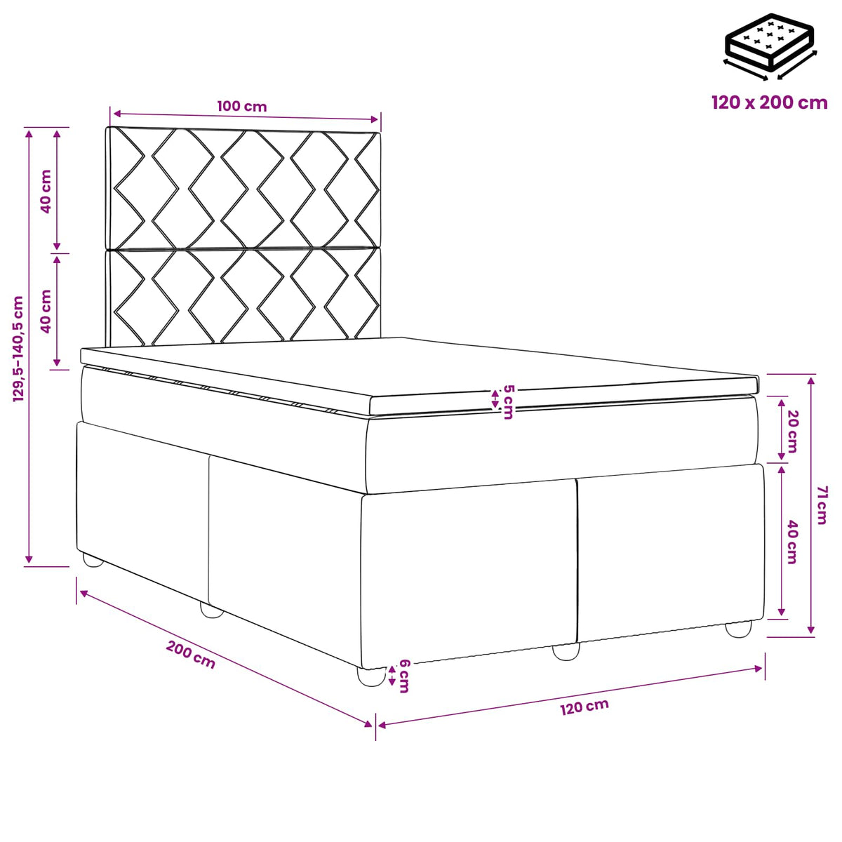Lit boxspring avec matelas Noir 120 x 200 cm Tissu