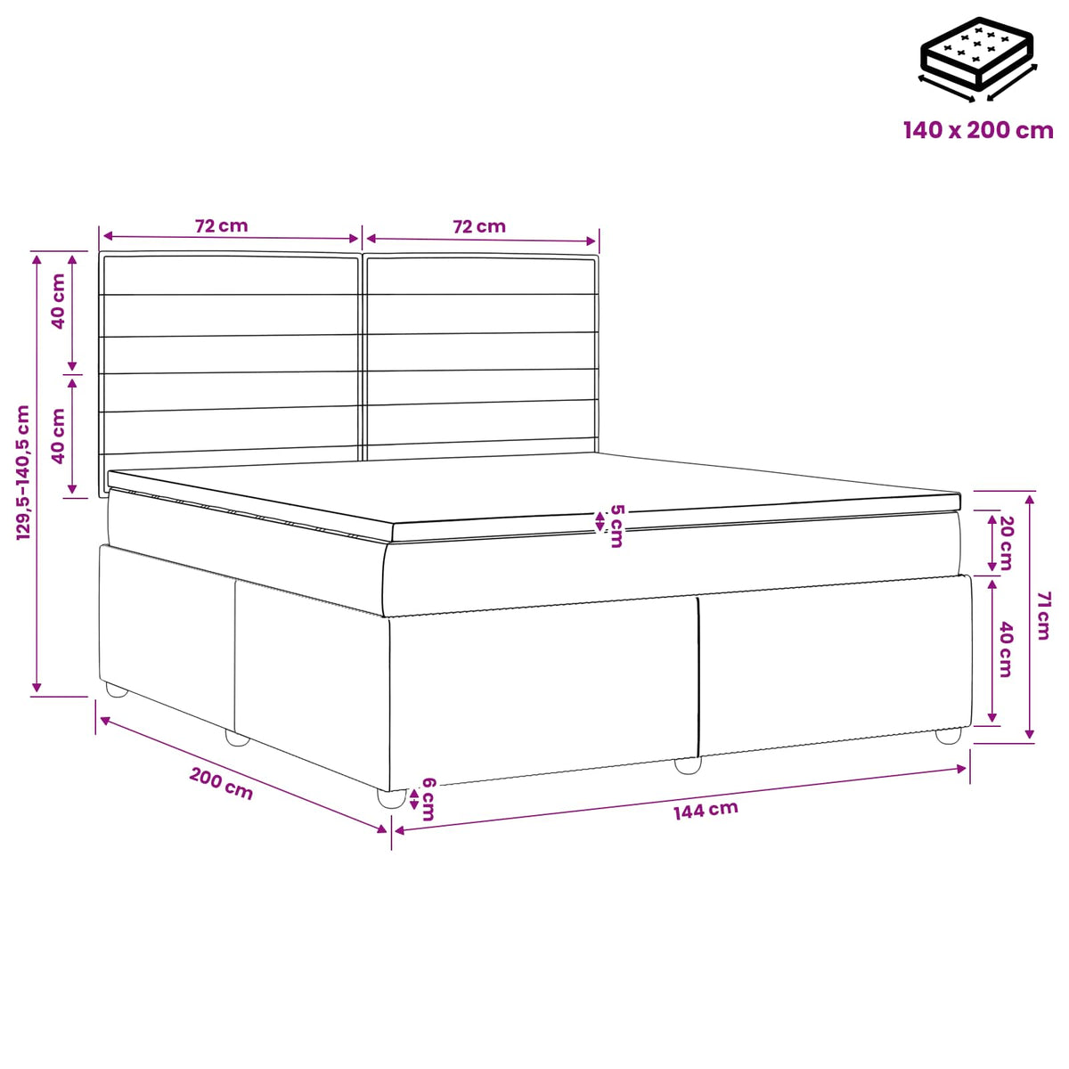 Lit boxspring avec matelas Gris foncé 140 x 200 cm Tissu
