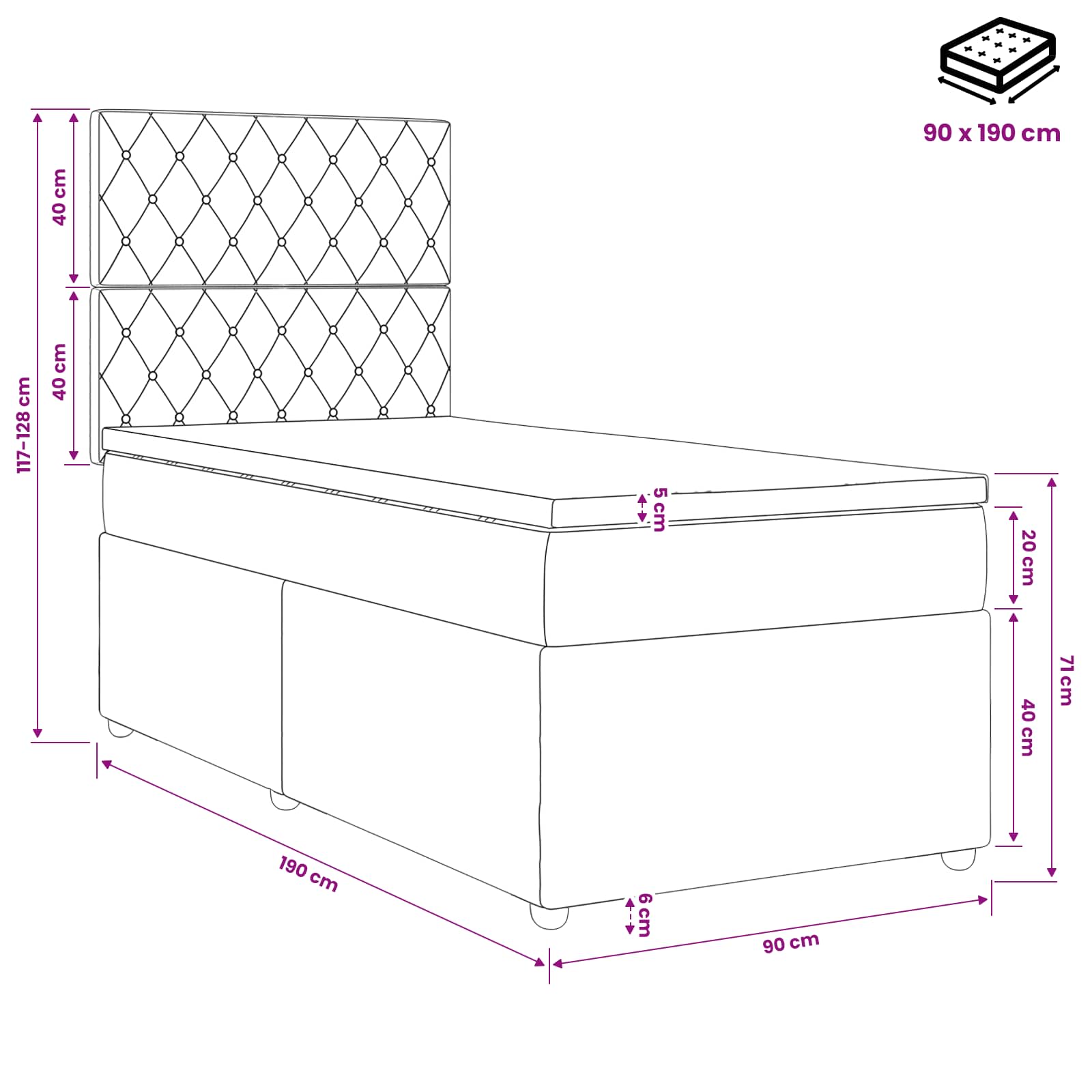 Lit boxspring avec matelas Bleu 90 x 190 cm Velours