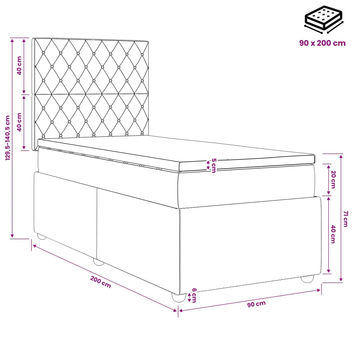 Lit boxspring avec matelas Noir 90 x 200 cm Velours - XIOS