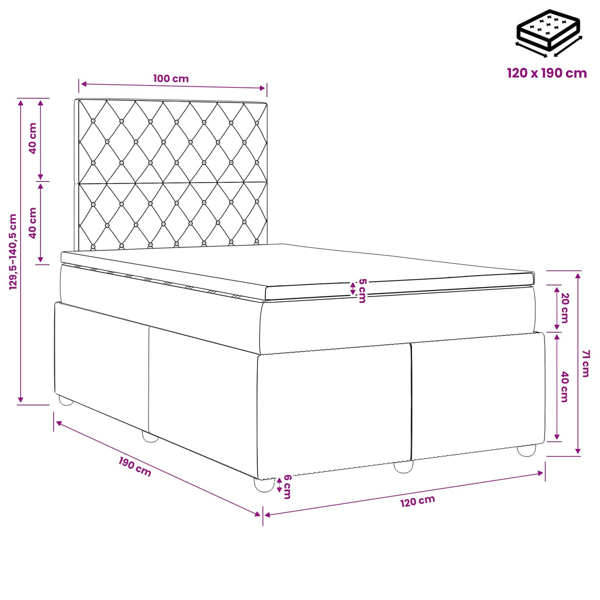 Lit boxspring avec matelas Gris clair 120 x 190 cm Velours