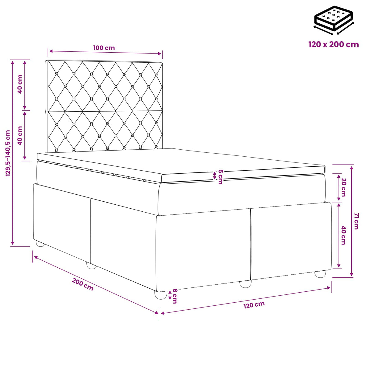 Lit boxspring avec matelas Gris clair 120 x 200 cm Velours