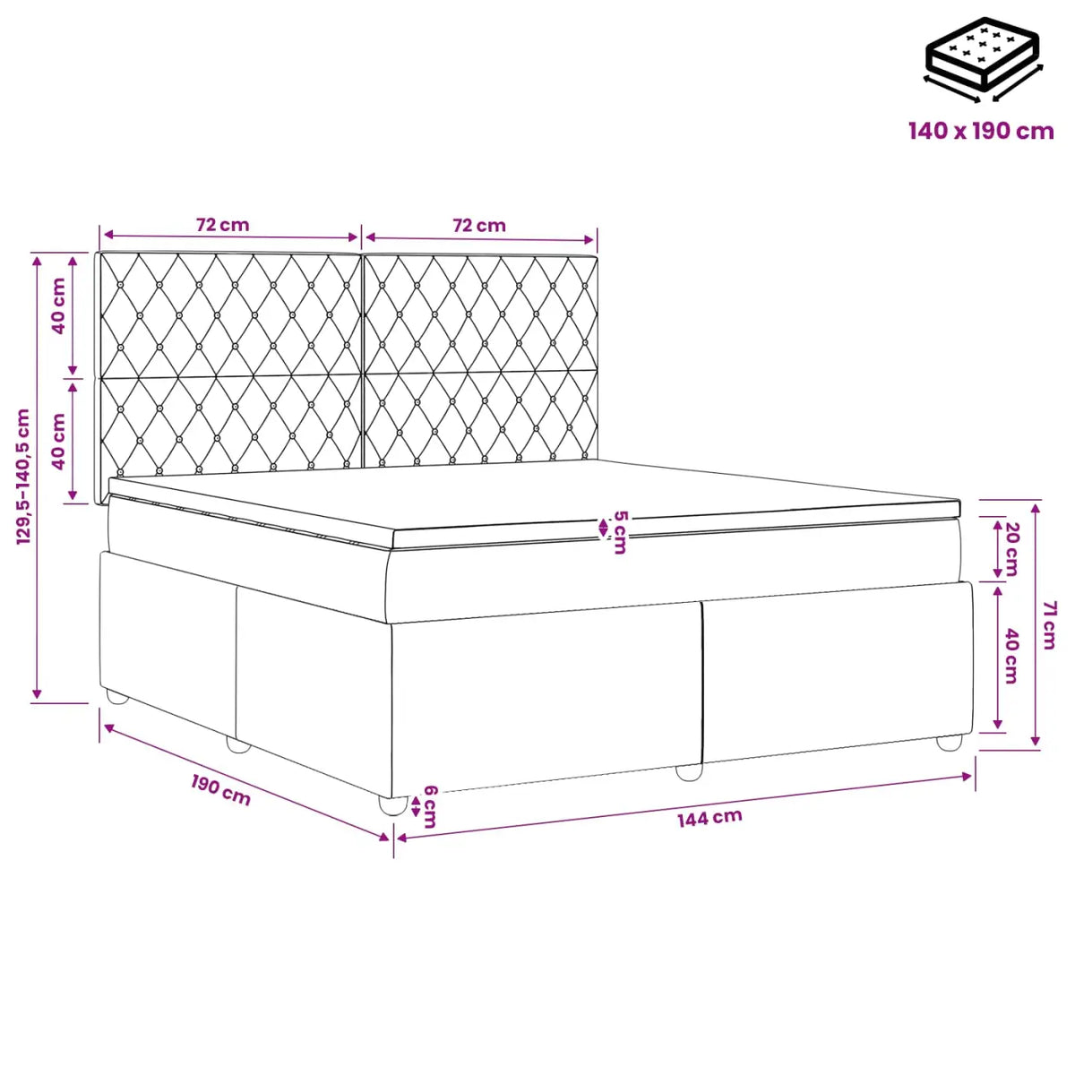 Lit boxspring avec matelas Noir 140 x 190 cm Velours - XIOS