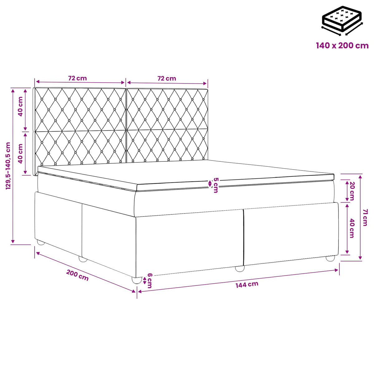Lit boxspring avec matelas Noir 140 x 200 cm Velours