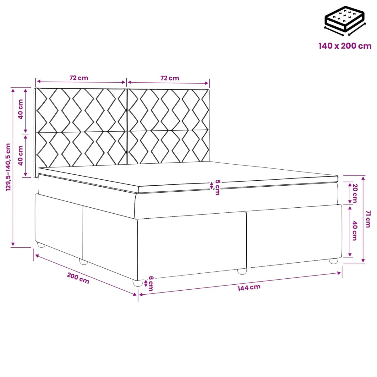 Lit boxspring avec matelas Rose 140 x 200 cm Velours - XIOS