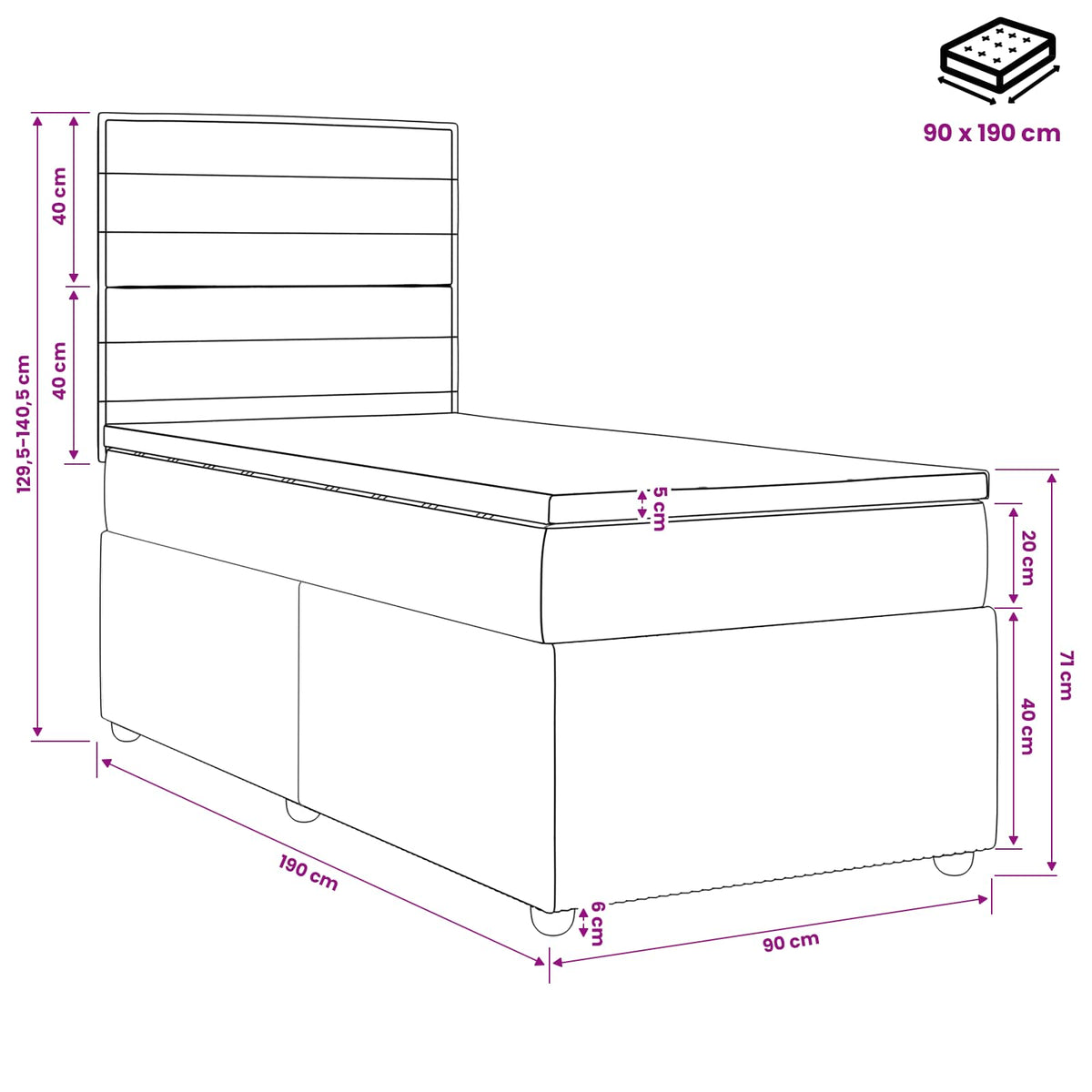 Lit boxspring avec matelas Gris clair Simple Tissu