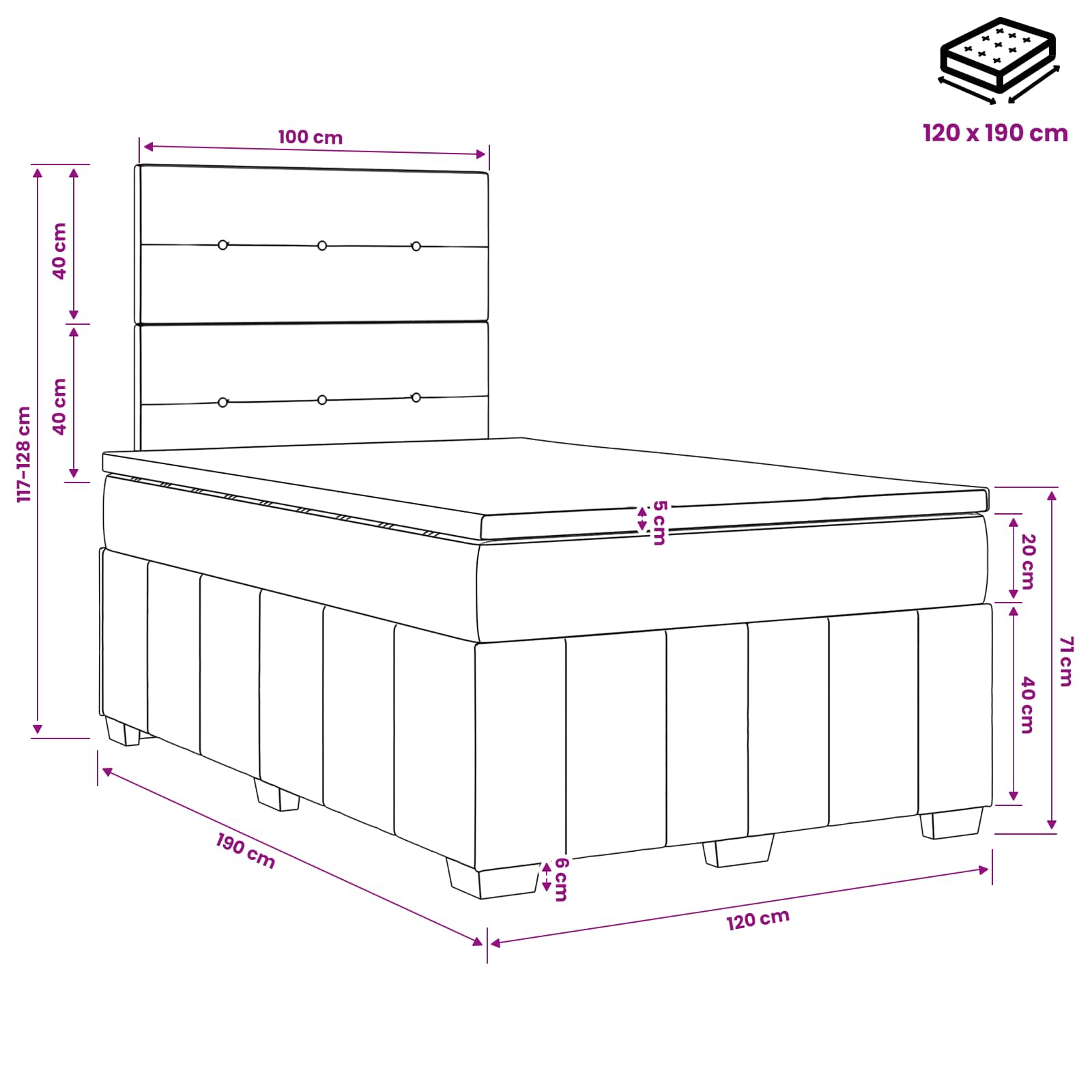 Lit boxspring LED avec matelas Bleu 120 x 190 cm Tissu