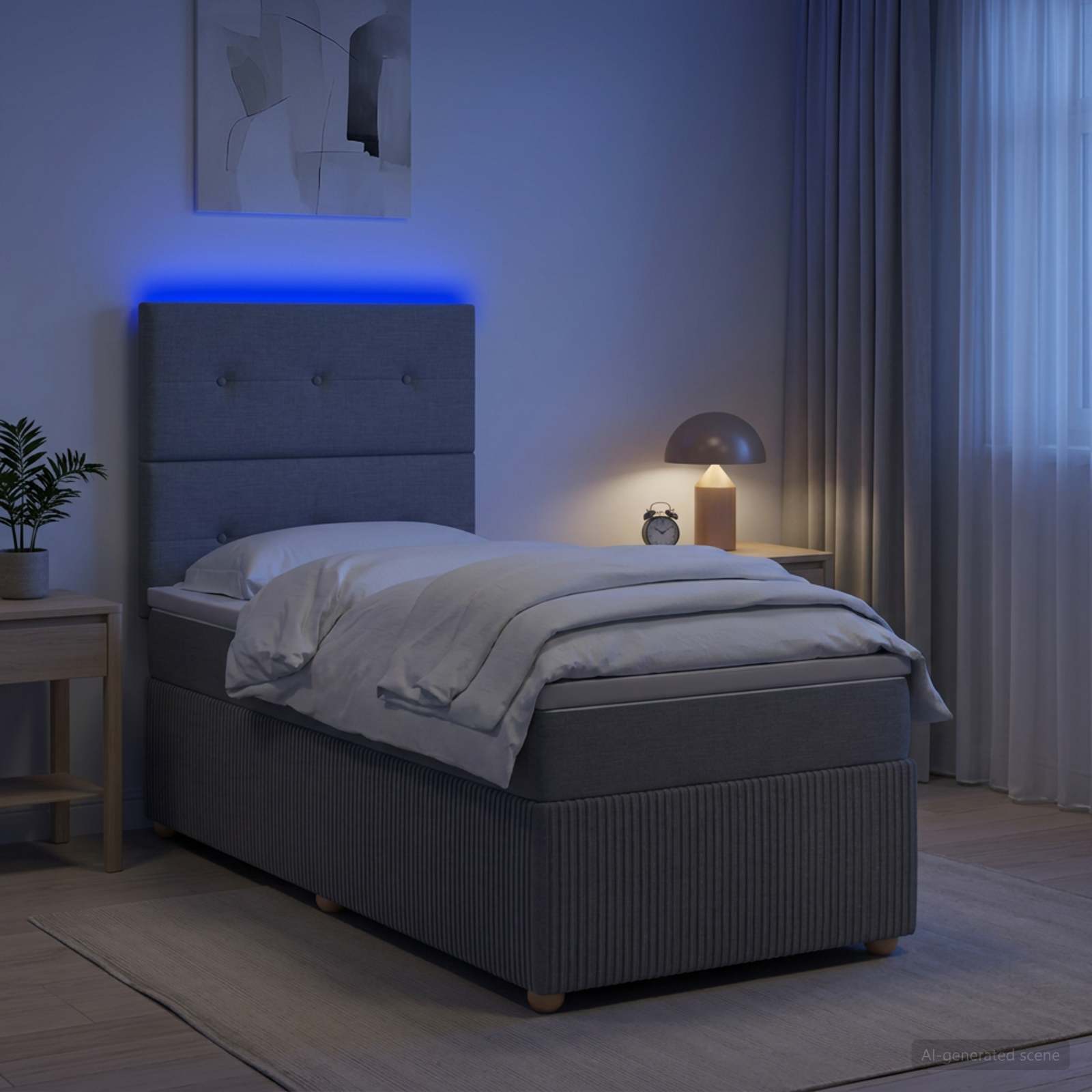Lit boxspring LED avec matelas Gris clair 100 x 200 cm Tissu