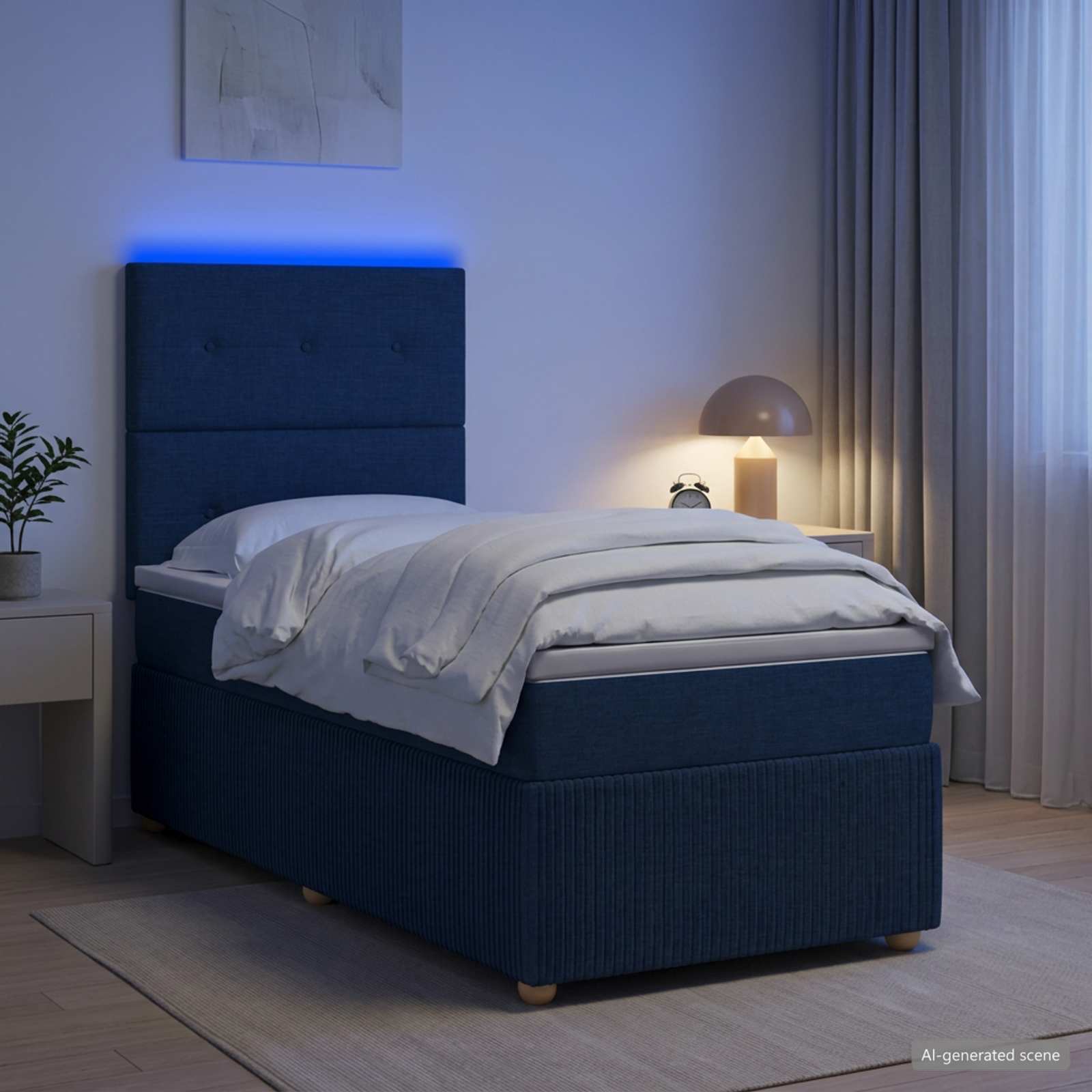 Lit boxspring LED avec matelas Bleu 90 x 190 cm Tissu