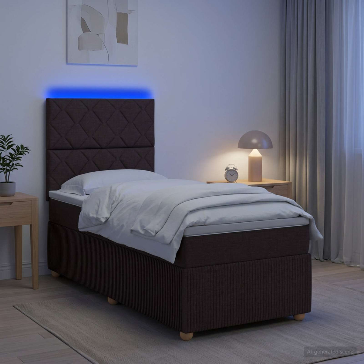 Lit boxspring LED avec matelas Marron foncé 90 x 190 cm Tissu