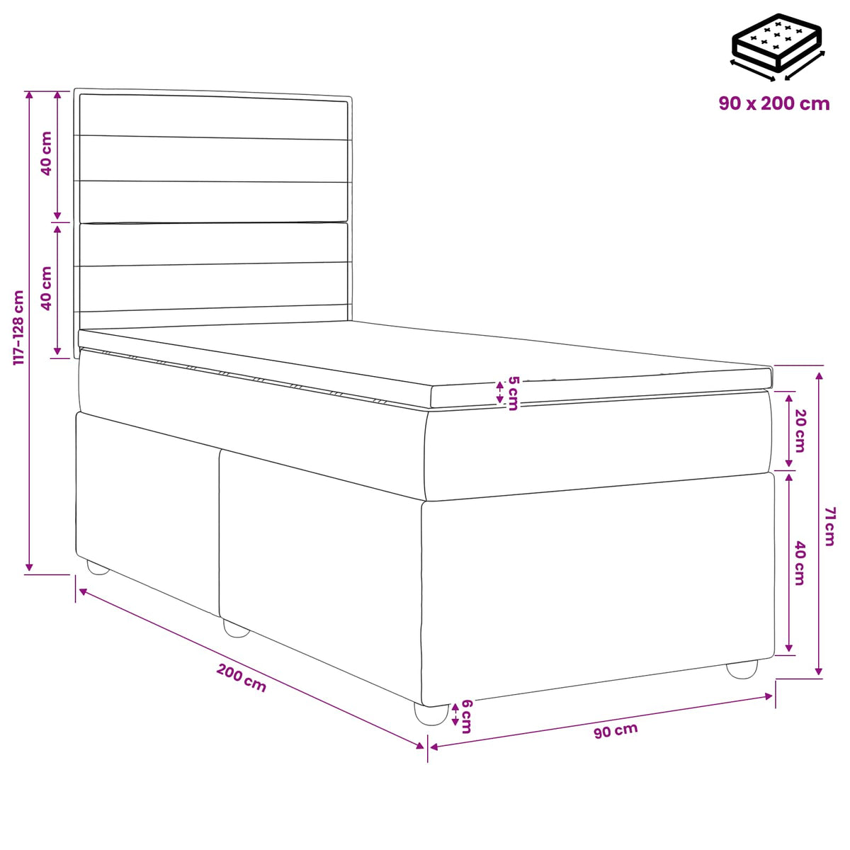 Lit boxspring LED avec matelas Gris foncé 90 x 200 cm Tissu - XIOS