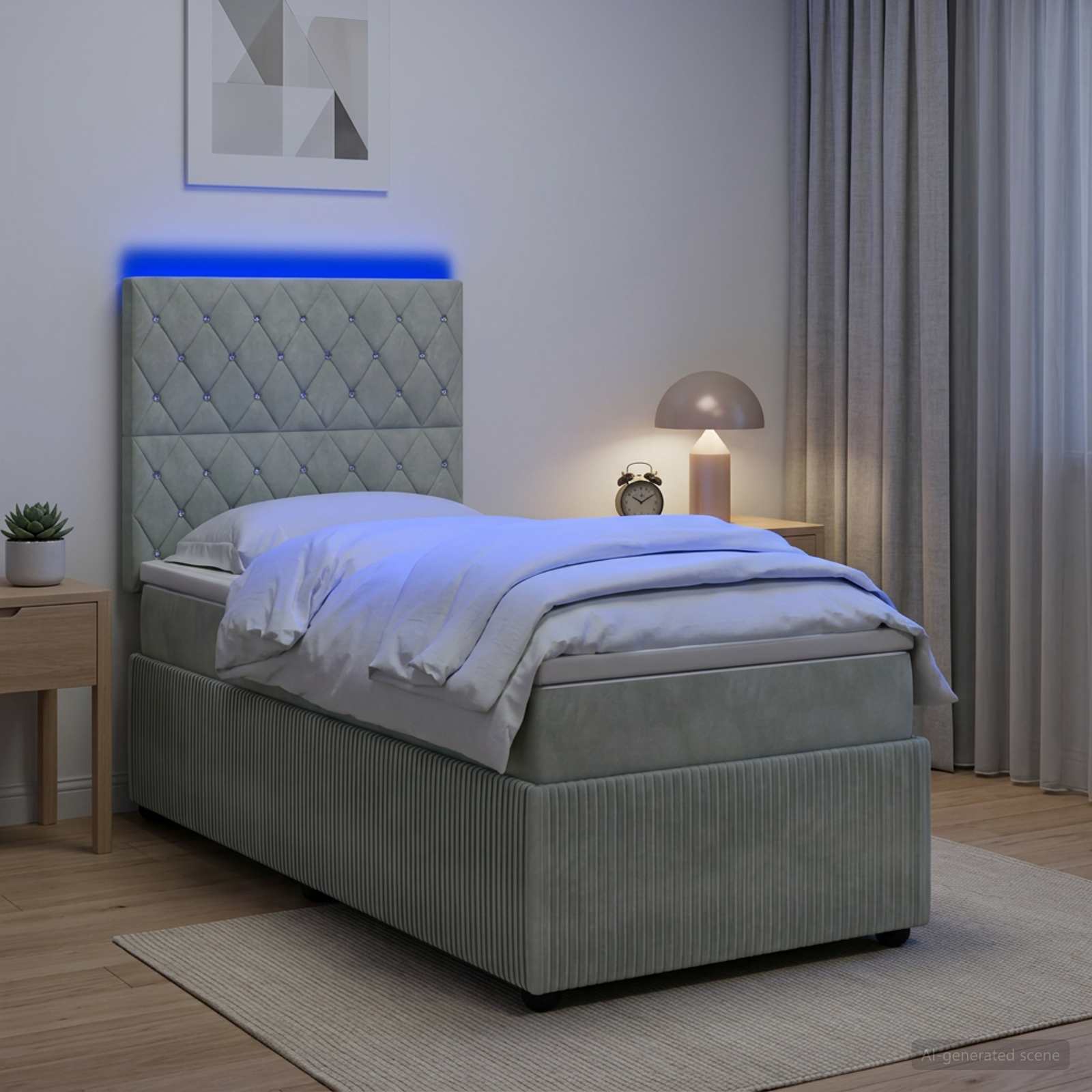 Lit boxspring LED avec matelas Gris clair 90 x 190 cm Velours