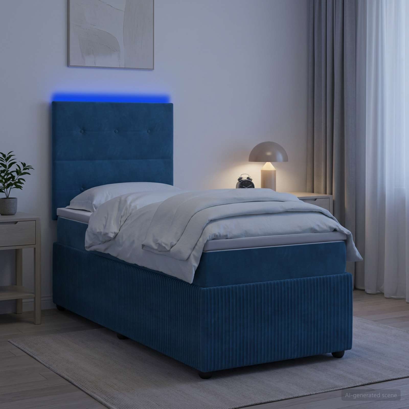 Lit boxspring LED avec matelas Bleu 90 x 190 cm Velours