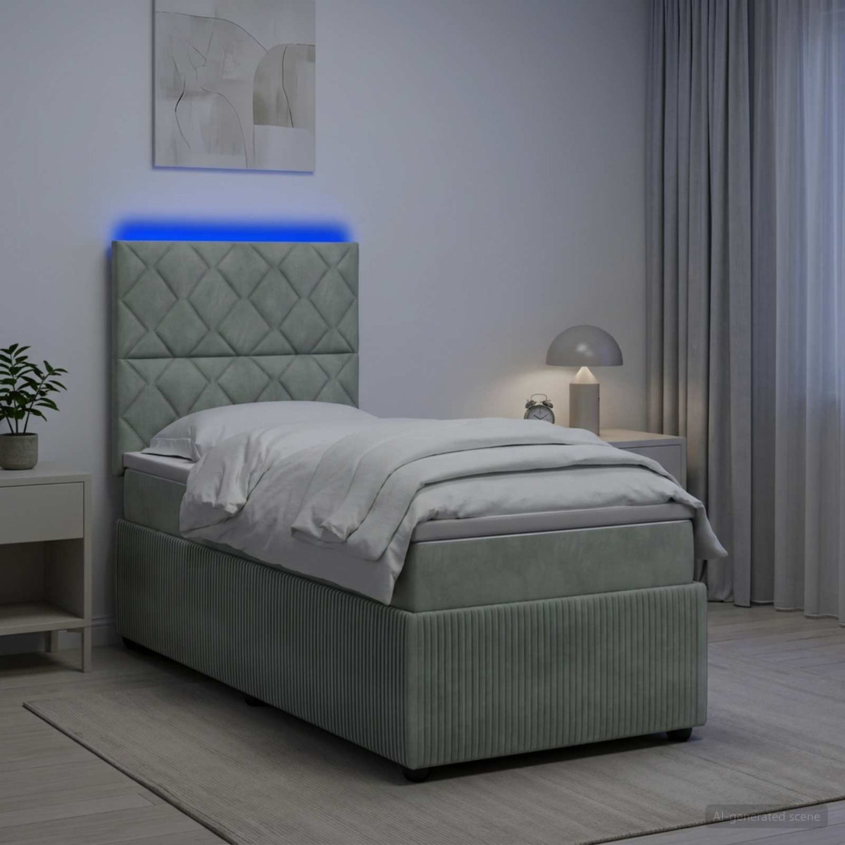 Lit boxspring LED avec matelas Gris clair 90 x 190 cm Velours