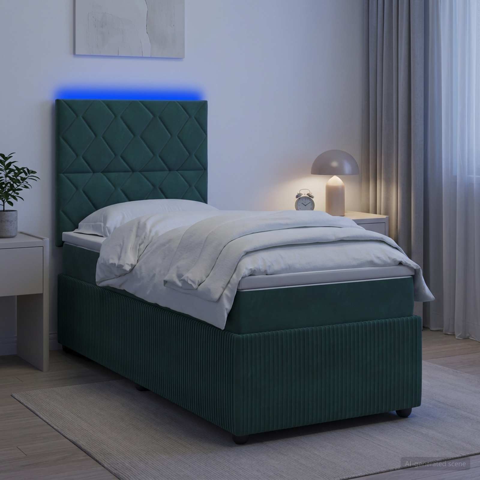 Lit boxspring LED avec matelas Vert foncé 100 x 200 cm Velours