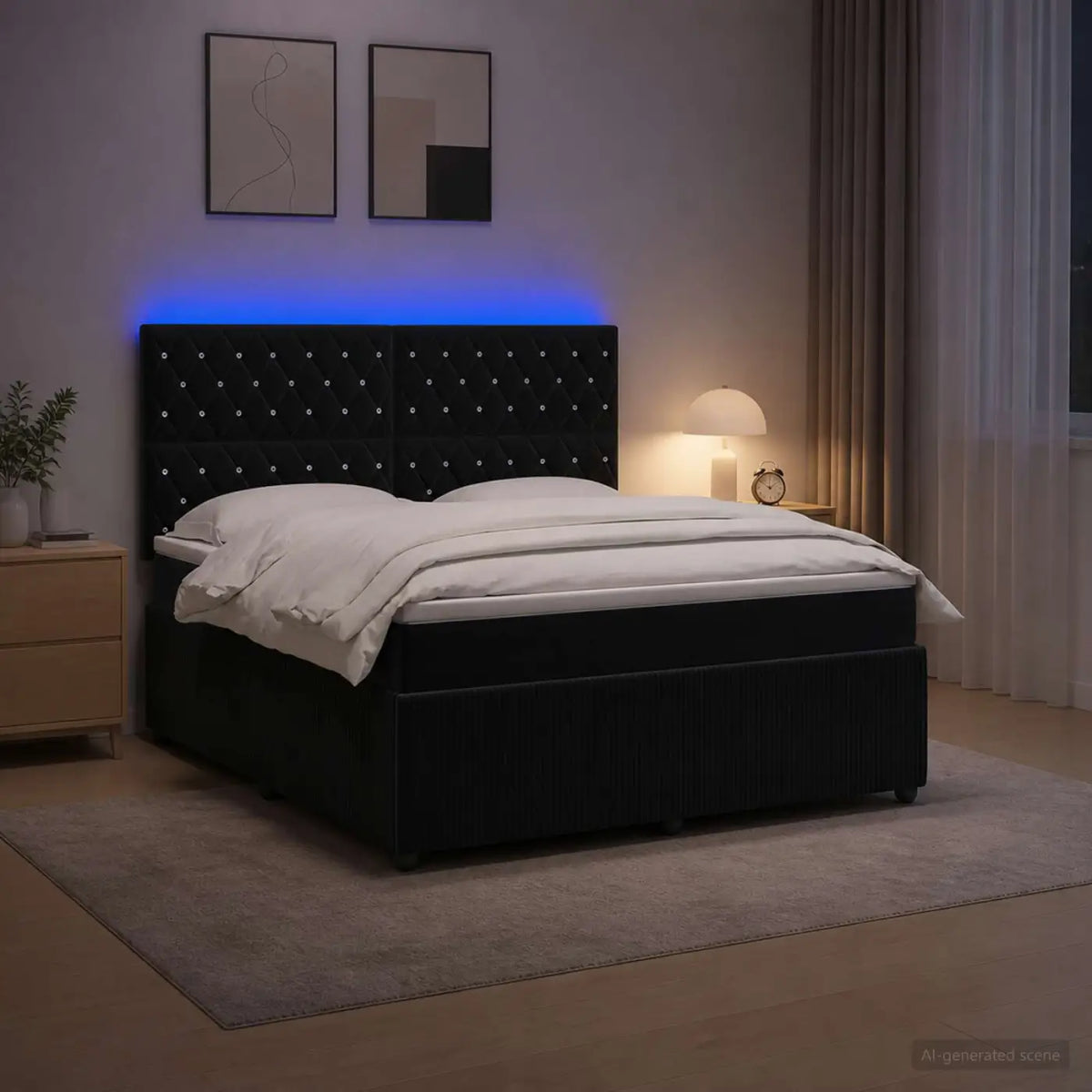 Lit boxspring LED avec matelas Noir 140 x 190 cm Velours - XIOS