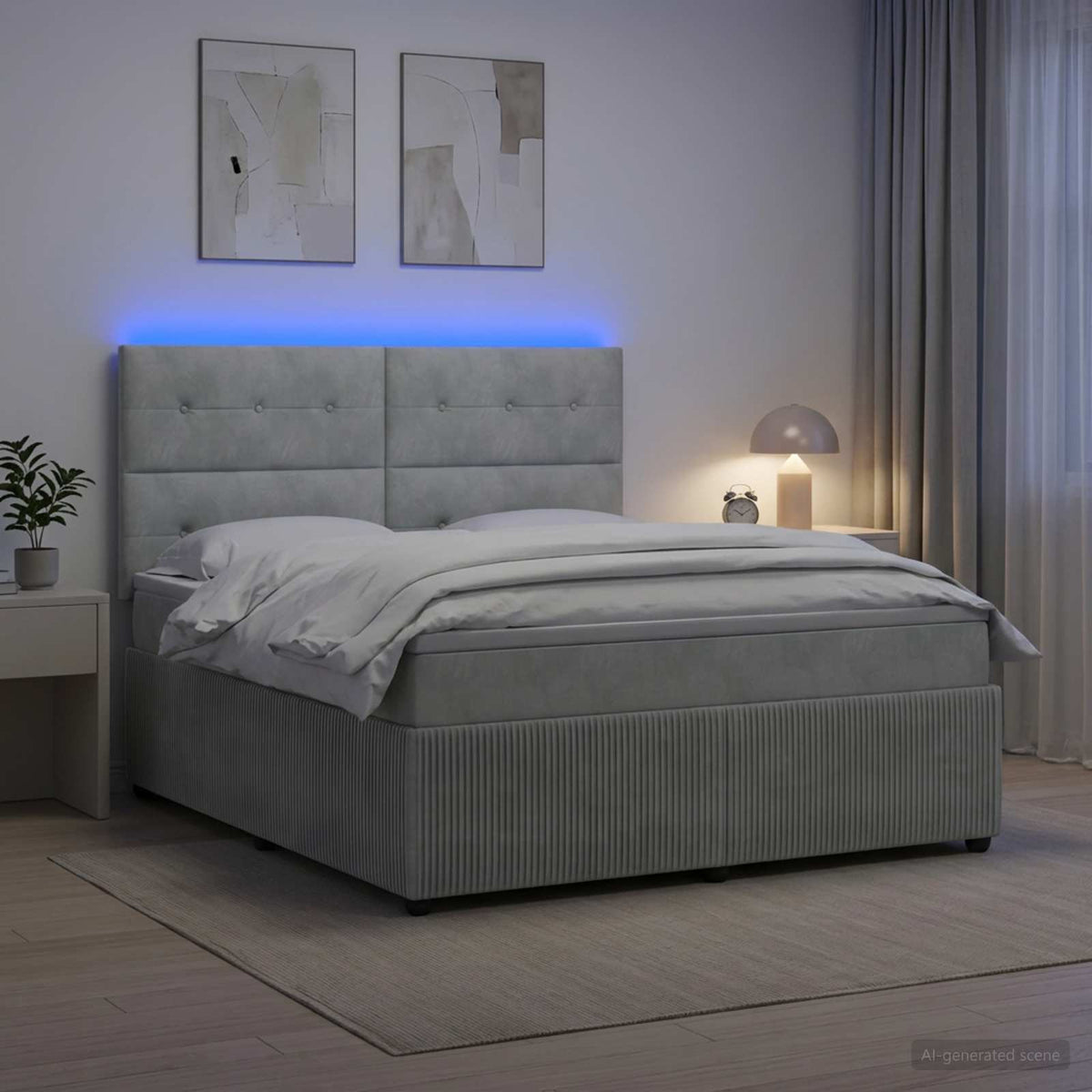 Lit boxspring LED avec matelas Gris clair 140 x 190 cm Velours