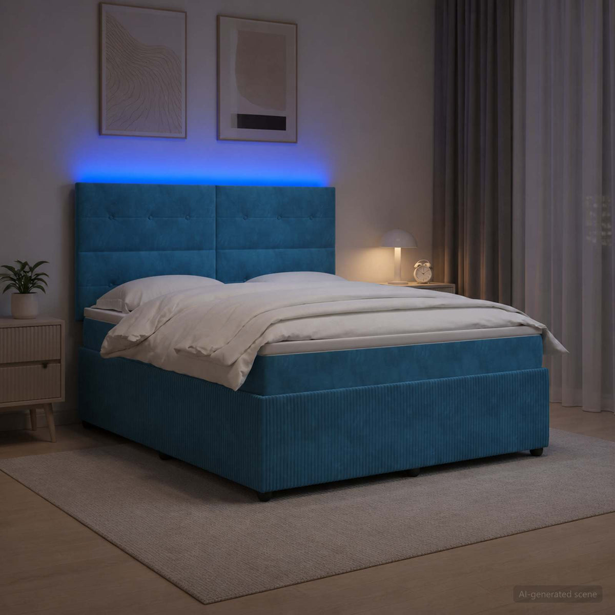 Lit boxspring LED avec matelas Bleu 140 x 200 cm Velours