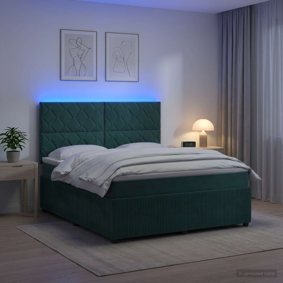 Lit boxspring LED avec matelas Vert foncé 140 x 200 cm Velours