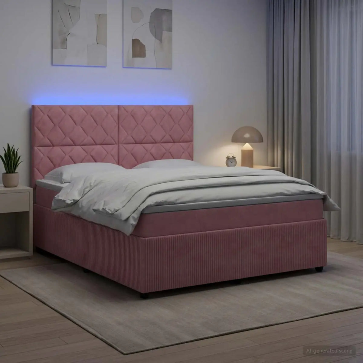 Lit boxspring LED avec matelas Rose 140 x 190 cm Velours - XIOS