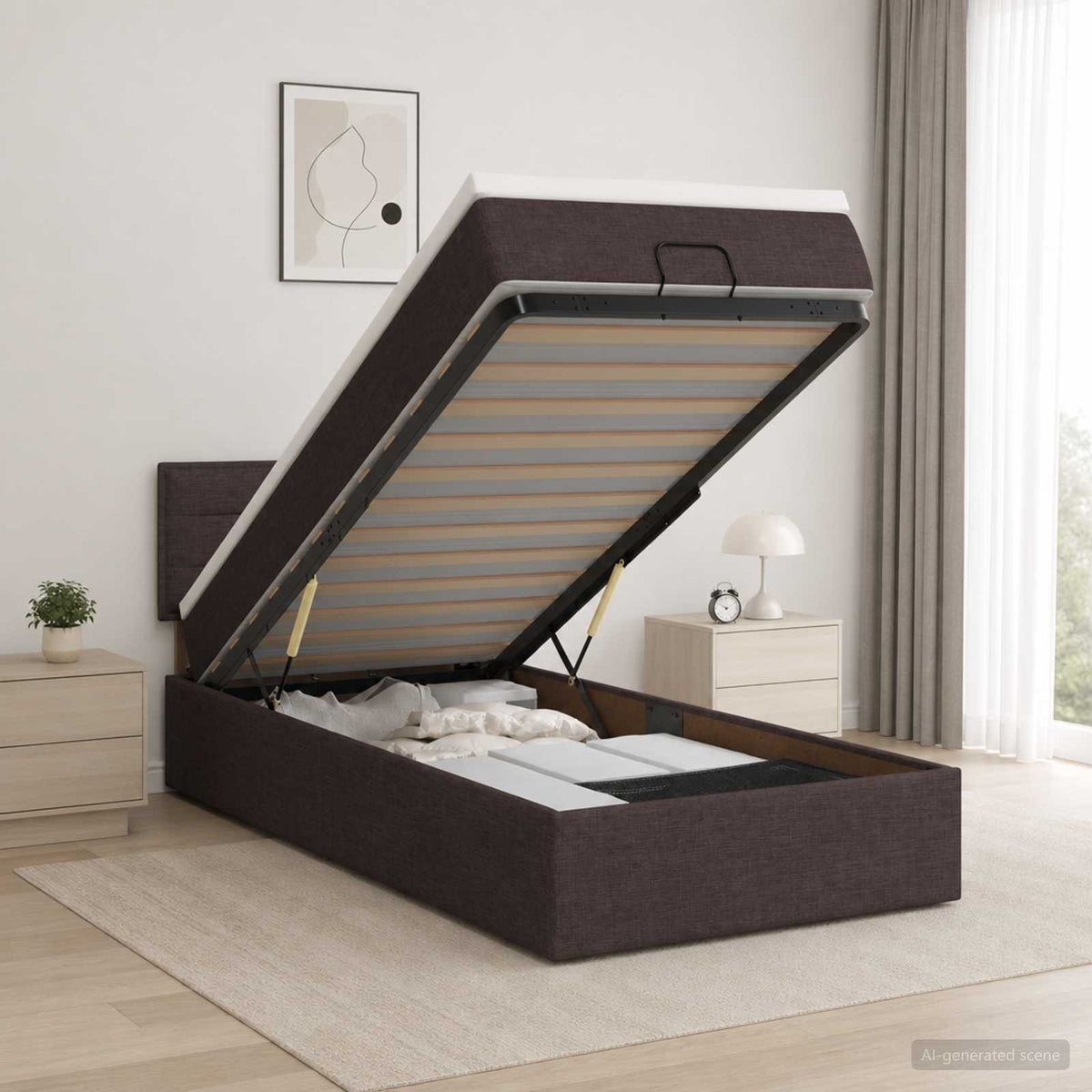 Lit ottoman avec matelas Marron foncé 100 x 200 cm Tissu