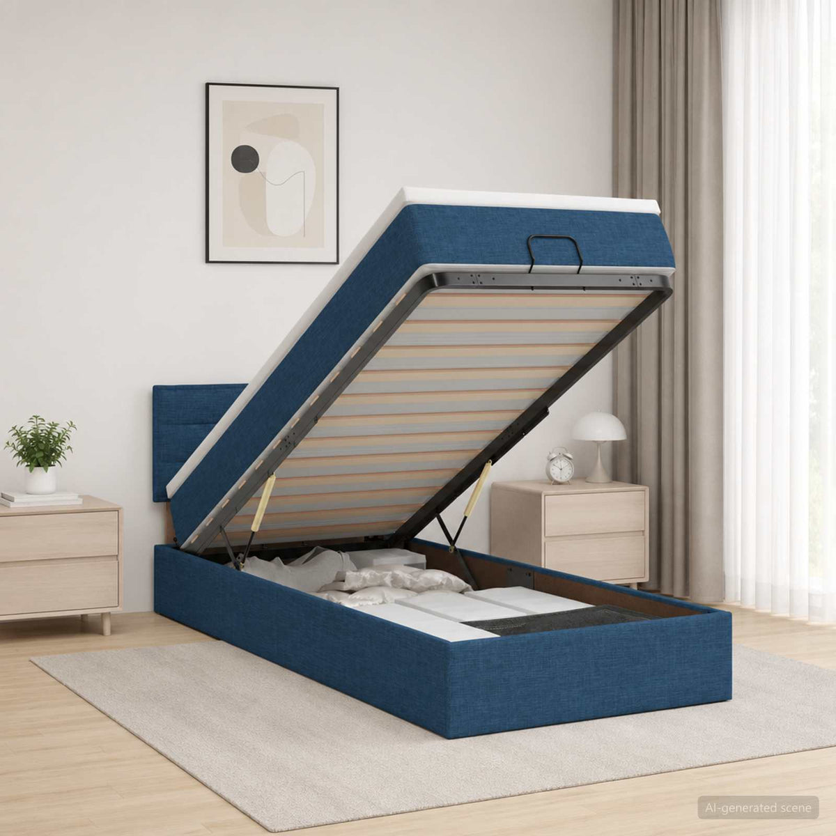 Lit coffre avec matelas et LED Bleu 90 x 190 cm Tissu