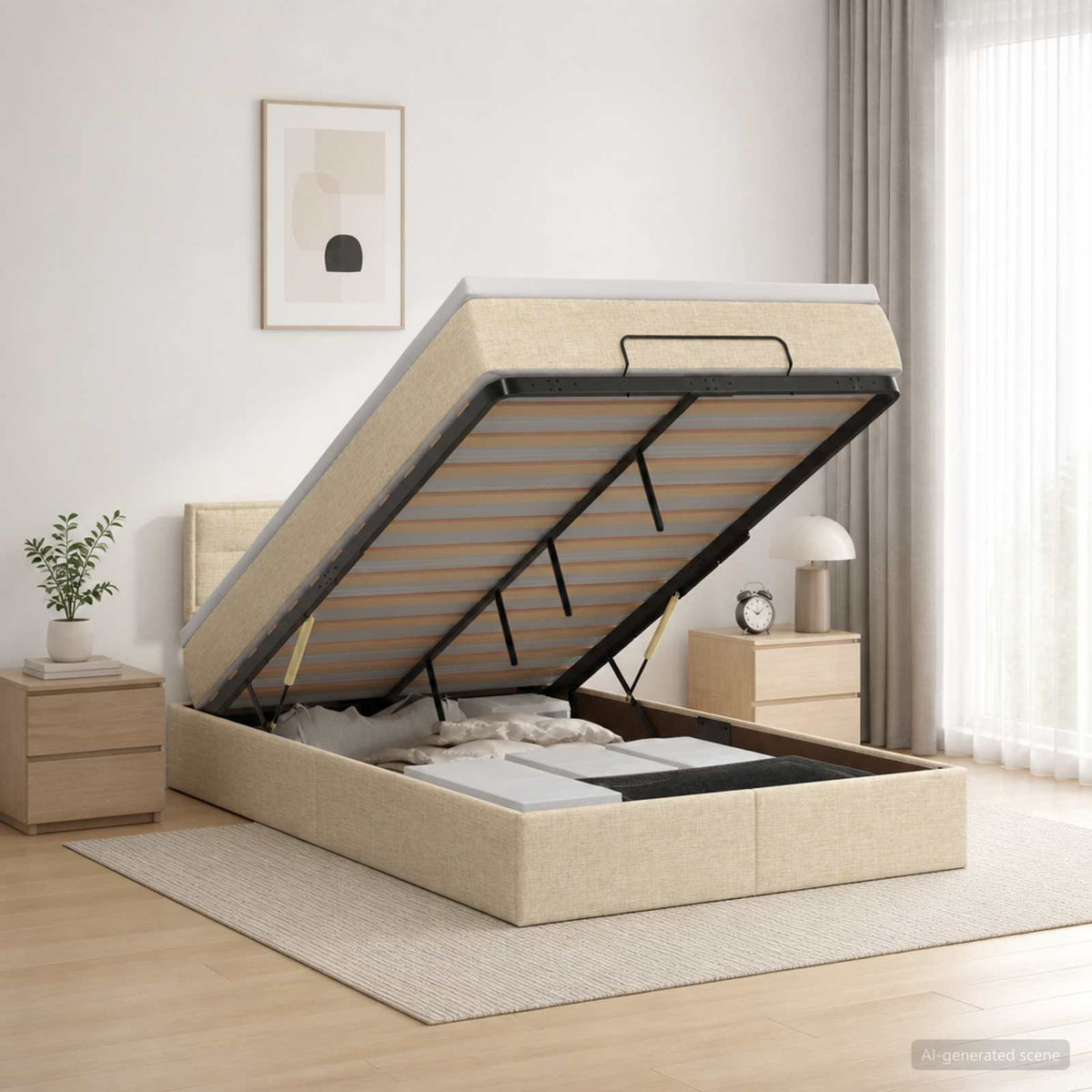 Lit coffre avec matelas et LED Crème 120 x 190 cm Tissu