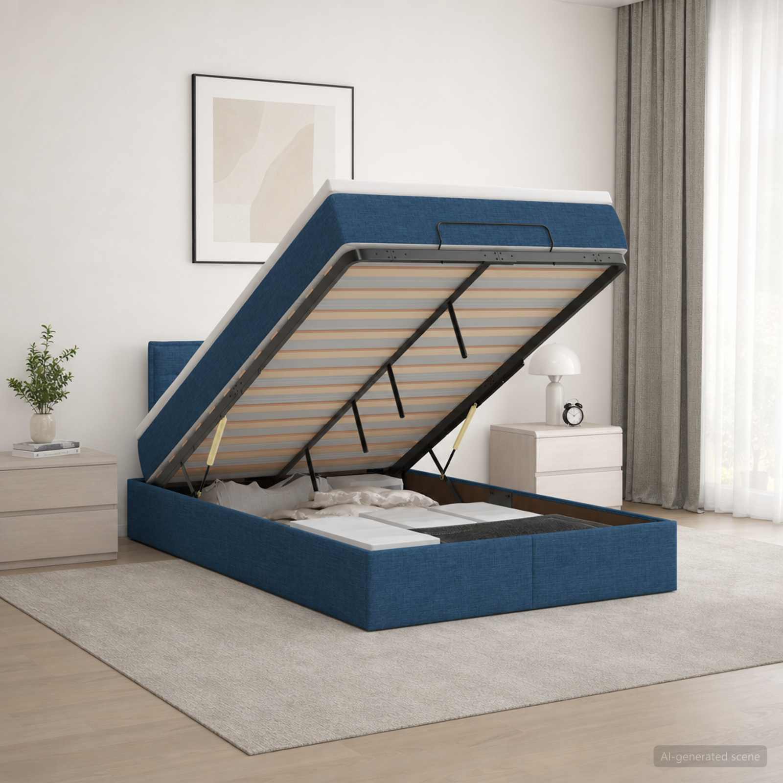 Lit coffre avec matelas et LED Bleu 120 x 190 cm Tissu