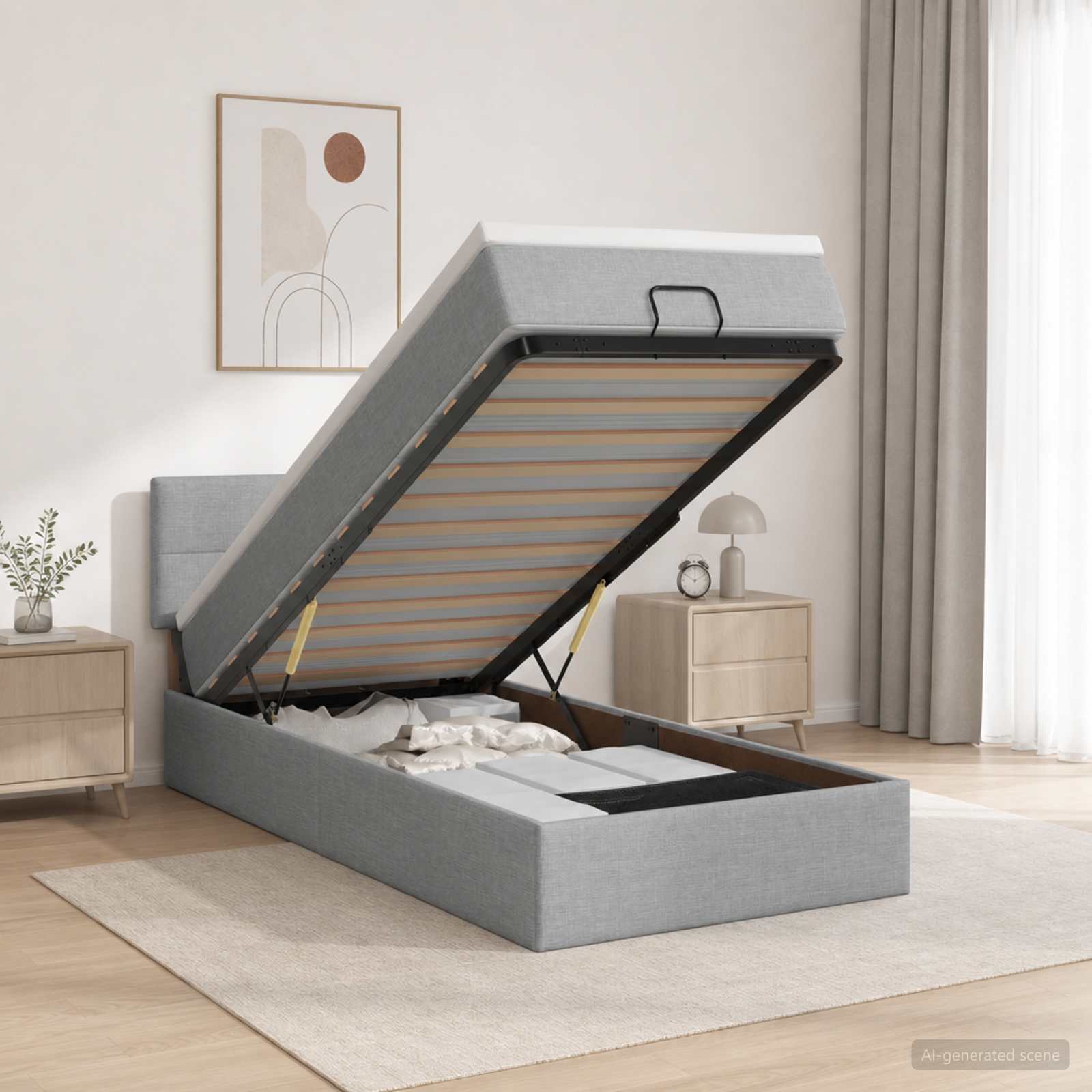 Lit coffre avec matelas et LED Gris clair 100 x 200 cm Tissu