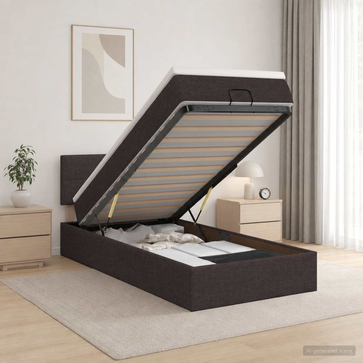 Lit ottoman avec matelas Marron foncé 90 x 200 cm Tissu