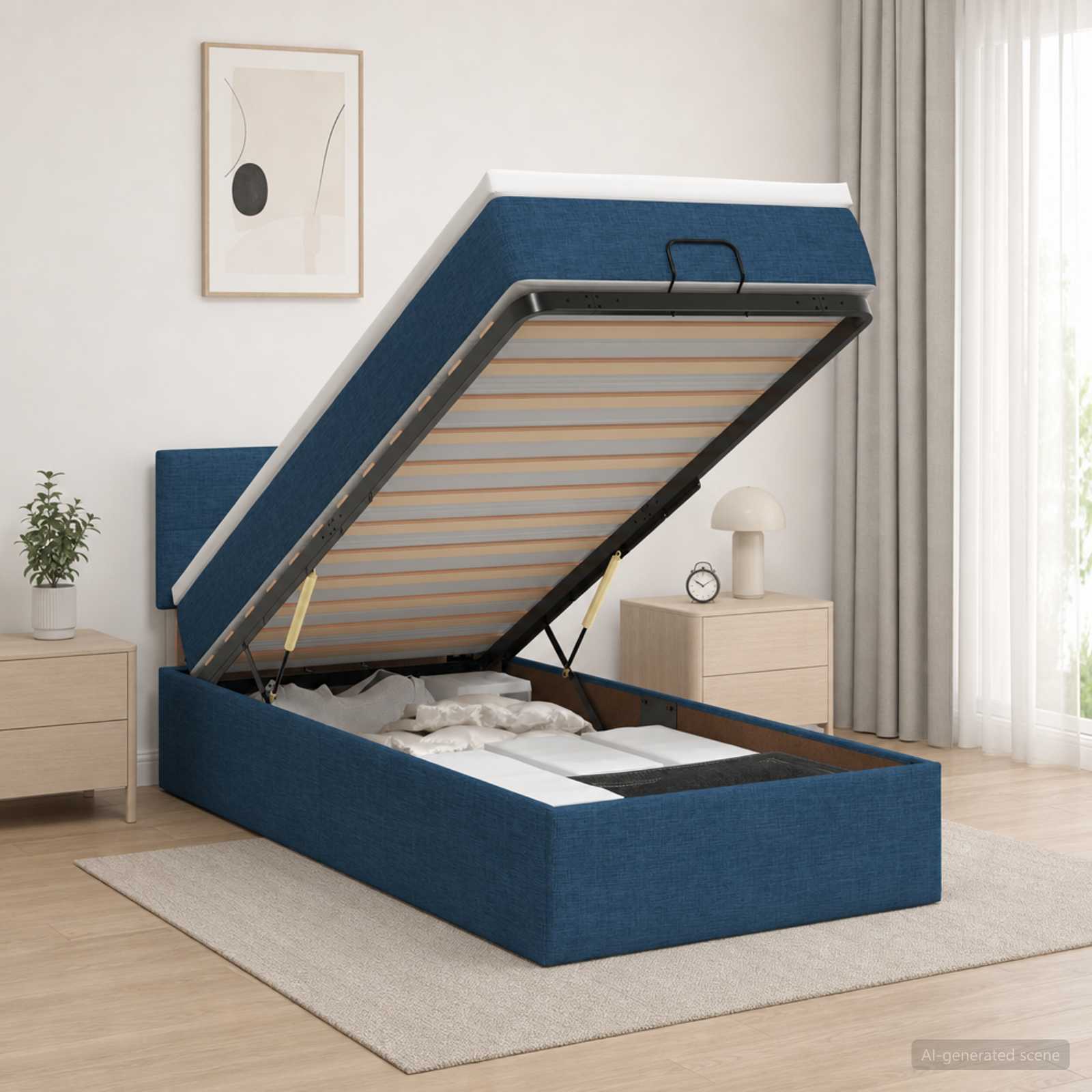 Lit ottoman avec matelas Bleu 100 x 200 cm Tissu