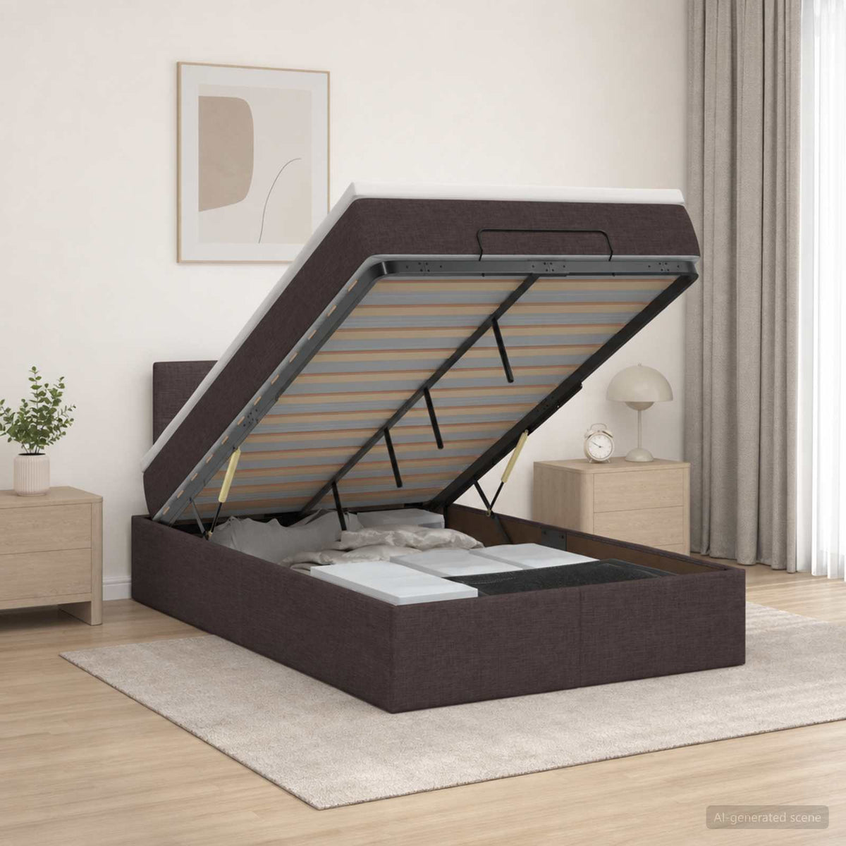 Lit coffre avec matelas et LED Marron foncé 120 x 200 cm Tissu