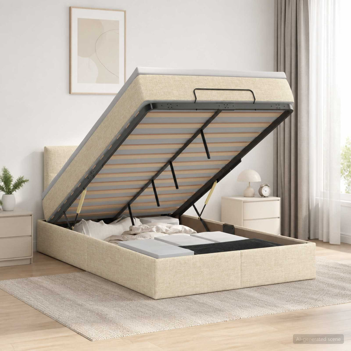 Lit coffre avec matelas et LED Crème 120 x 190 cm Tissu