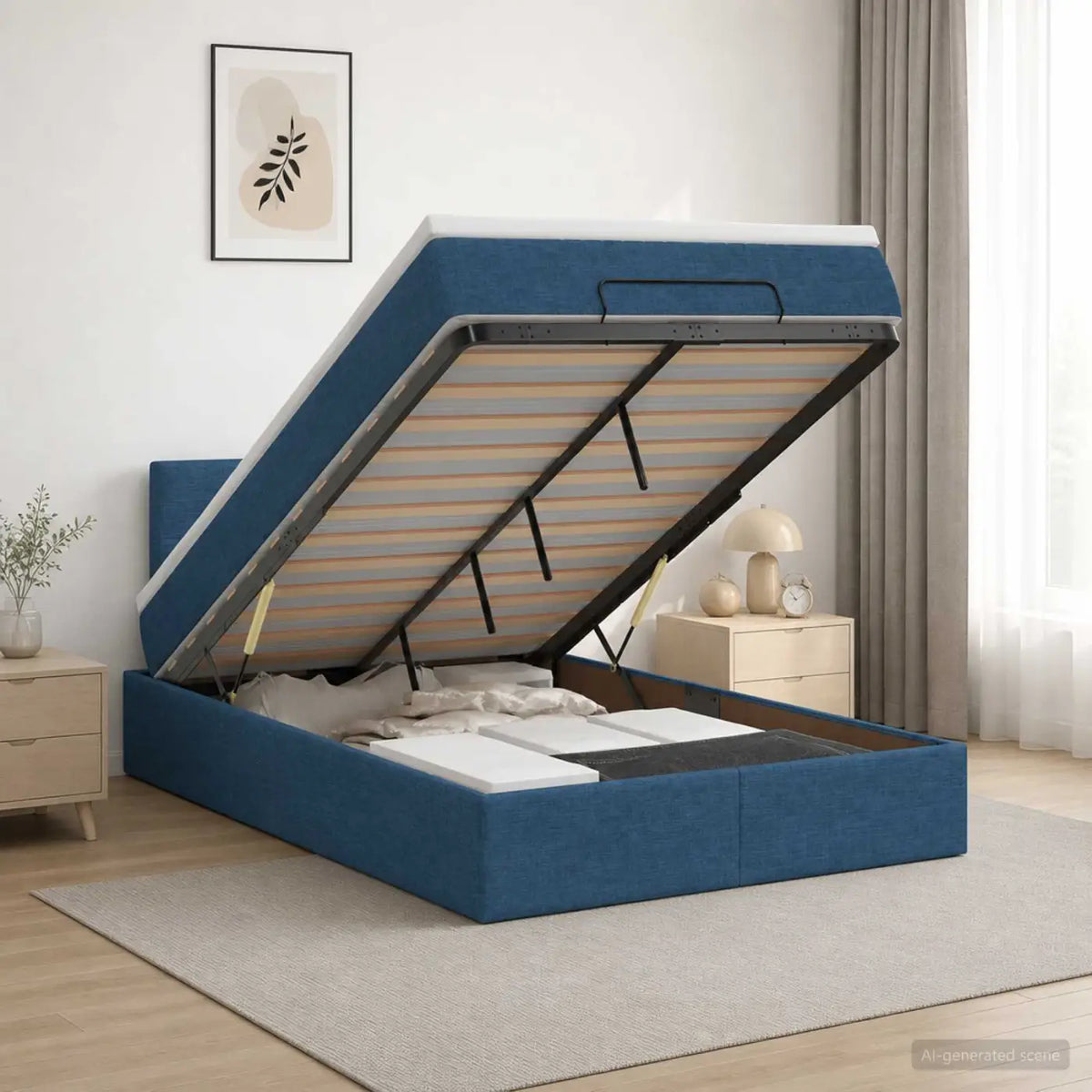 Lit coffre avec matelas et LED Bleu 120 x 200 cm Tissu - XIOS