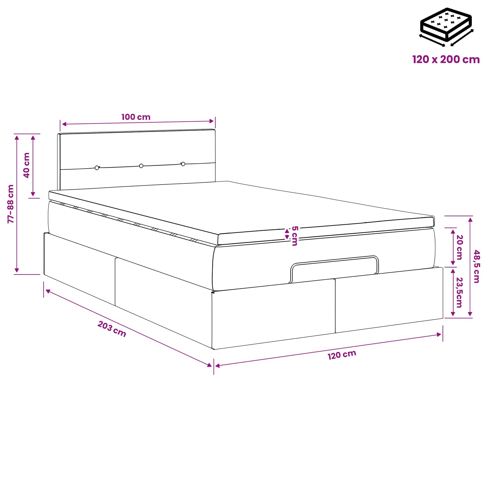 Lit ottoman avec matelas Noir 120 x 200 cm Tissu - XIOS