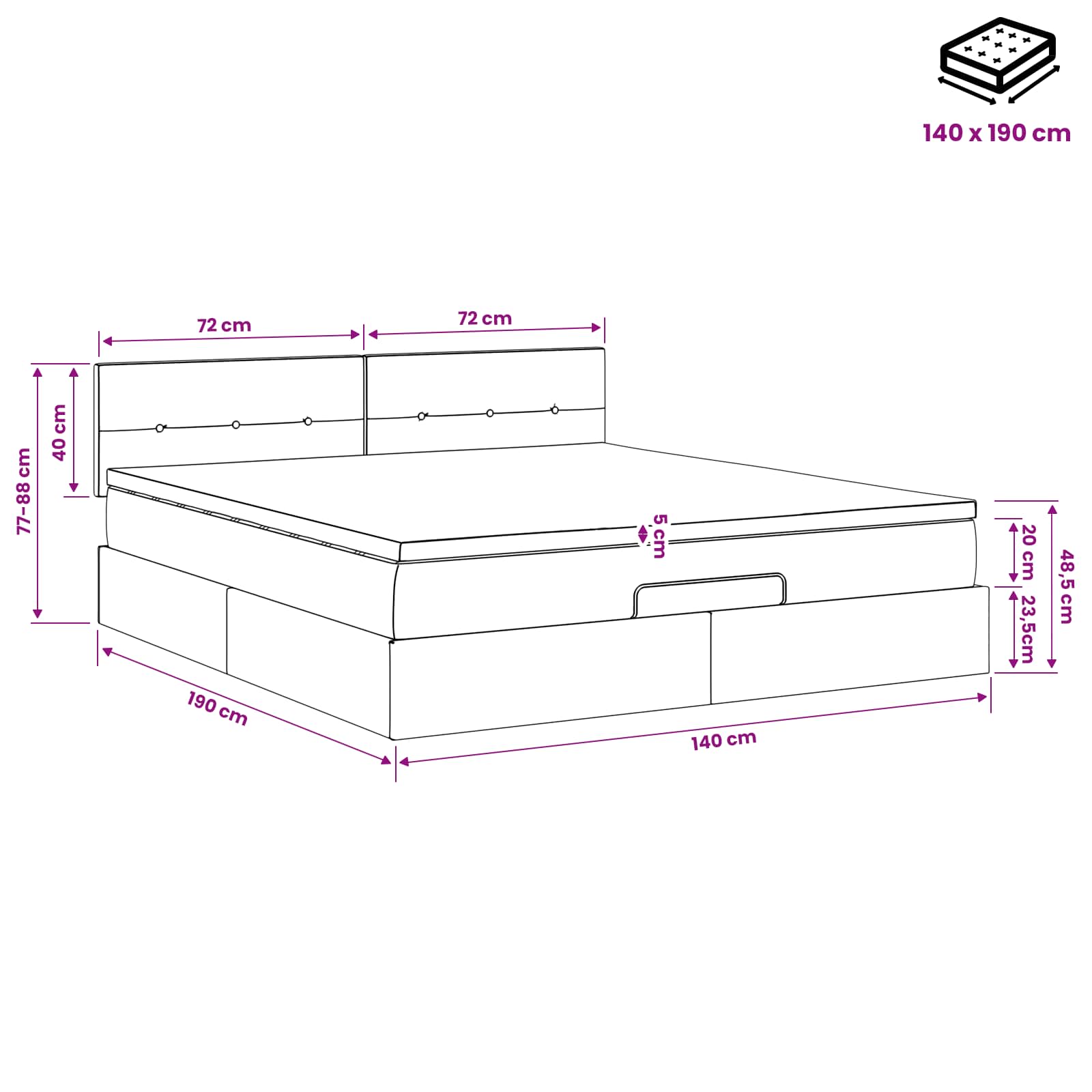 Lit ottoman avec matelas Gris foncé 140 x 190 cm Tissu - XIOS