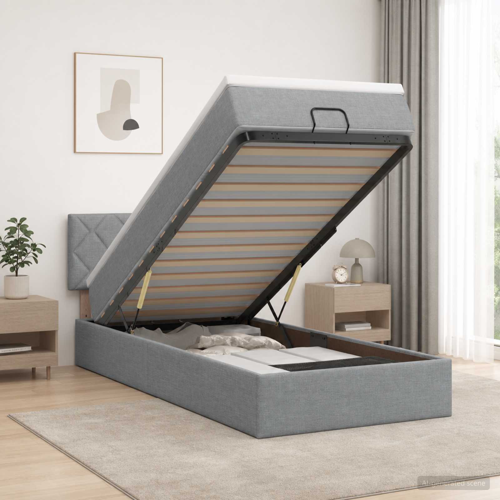 Lit coffre avec matelas et LED Gris clair 100 x 200 cm Tissu