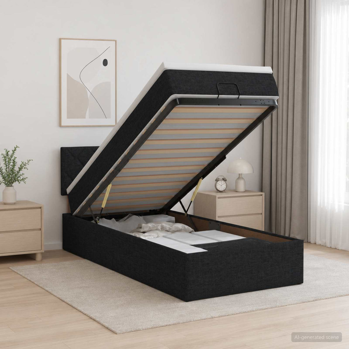 Lit ottoman avec matelas Noir 80 x 200 cm Tissu