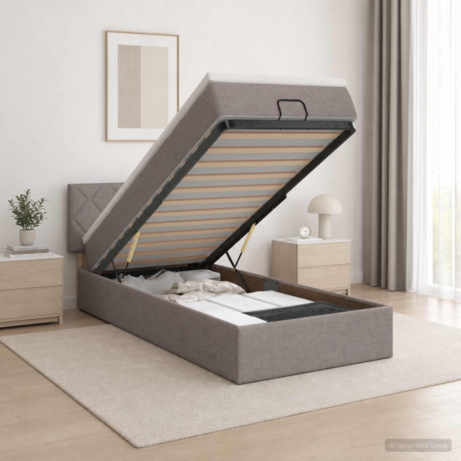 Lit coffre avec matelas et LED Taupe 100 x 200 cm Tissu