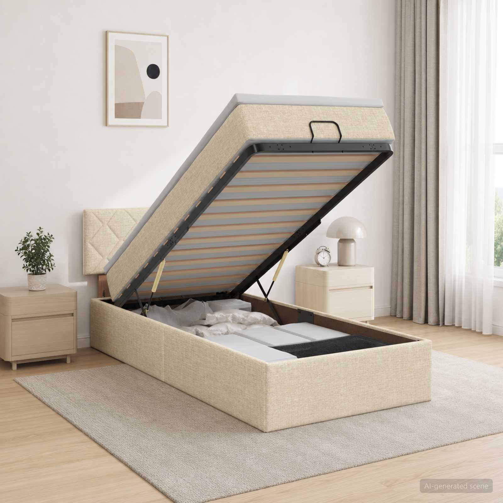 Lit coffre avec matelas et LED Crème 100 x 200 cm Tissu