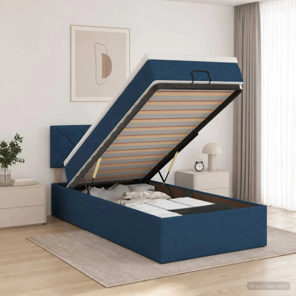 Lit coffre avec matelas et LED Bleu 80 x 200 cm Tissu - XIOS